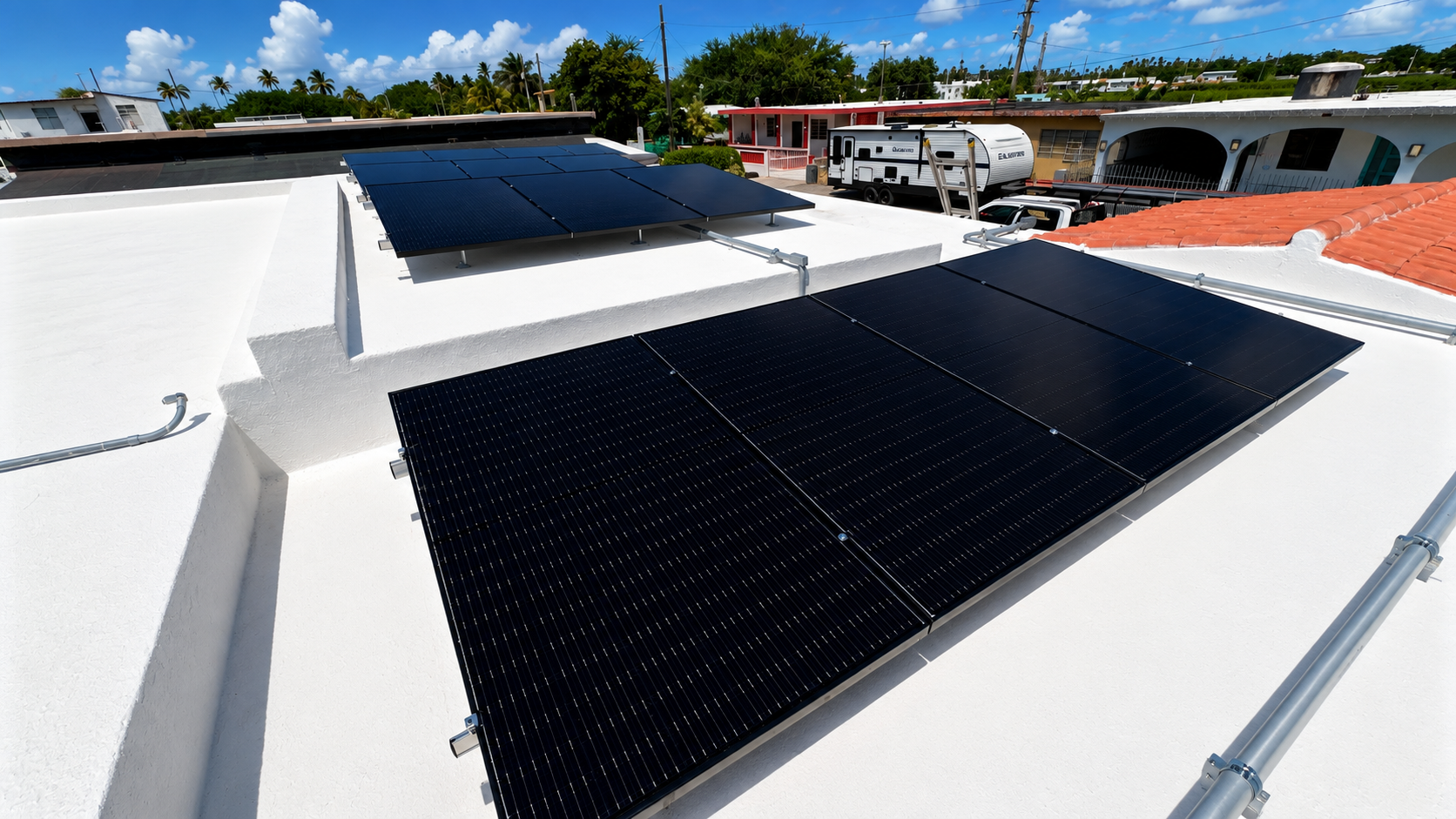 Instalación solar residencial sobre techo blanco en Dorado, Puerto Rico