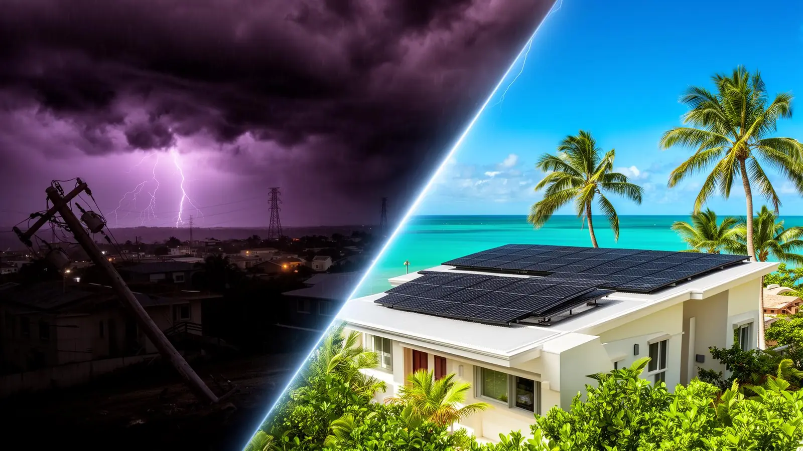 Apagón con LUMA a la izquierda vs hogar con paneles solares a la derecha en Puerto Rico